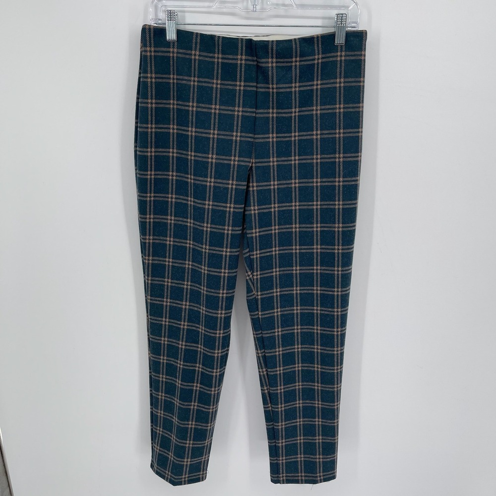 Ann Taylor Women's Teal Plaid Side Zip Pull-On Tapered Ankle Pants Size MP
